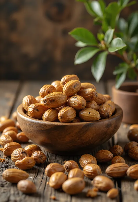 Hạt Mongongo khô tách vỏ trên bàn gỗ