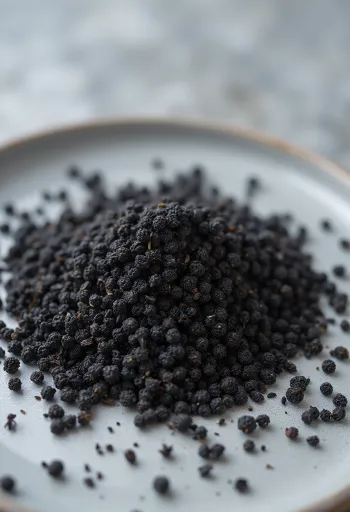 Hạt thì là đen (Nigella) nhỏ xíu, đen tuyền trên muỗng gỗ