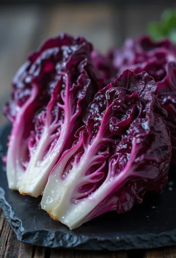 Búp xà lách Radicchio tươi, lá màu đỏ tím gân trắng nằm trên thớt gỗ