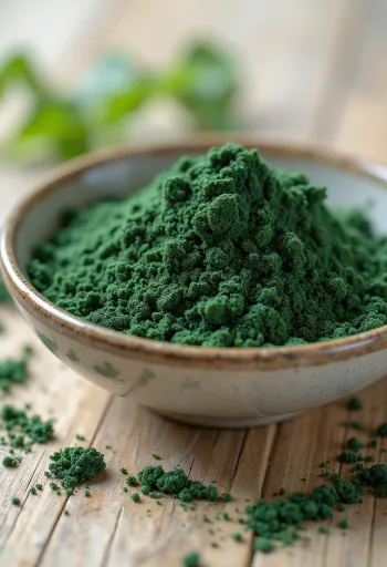 Bột tảo xoắn Spirulina xanh thẫm trong lọ thủy tinh và viên nén bổ sung