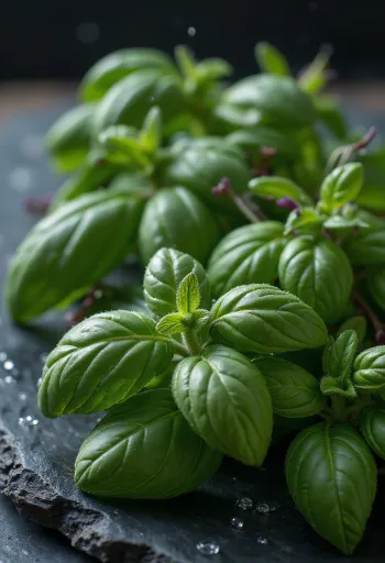 Lá hương nhu tía (Tulsi) tươi trên đĩa trắng