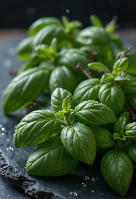 Lá hương nhu tía (Tulsi) tươi trên đĩa trắng
