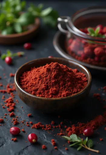 Những chùm quả Sumac khô đỏ rực và bột Sumac trên bàn gỗ