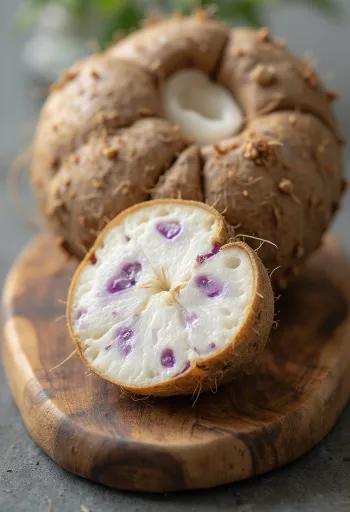 Củ khoai môn cắt lát lộ vân tím trên thớt gỗ cùng rau củ tươi