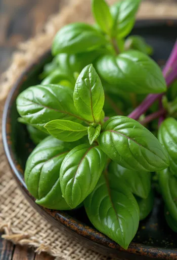 Lá húng quế Thái tươi xanh trên đĩa