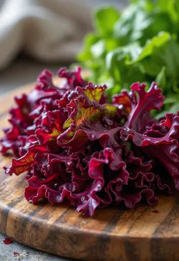 Rau xà lách lá sồi đỏ tươi ngon với lá màu đỏ tía và xanh trên thớt gỗ