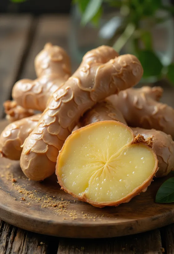 Củ gừng gió (zerumbet) đã gọt vỏ và thái lát trên bàn bếp