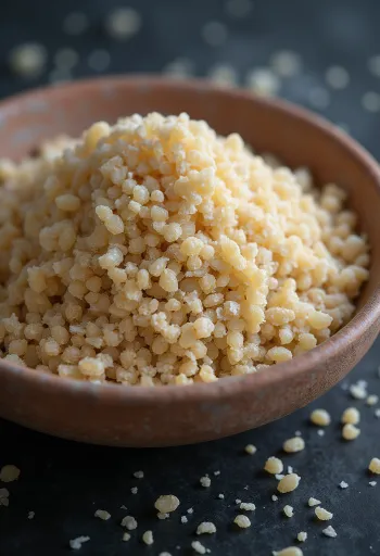 Hạt Fonio (Acha) thô trên bề mặt gỗ, hạt nhỏ màu trắng ngà