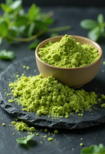 Bột cỏ lúa mạch xanh mướt trong lọ thủy tinh, bên cạnh là cỏ tươi