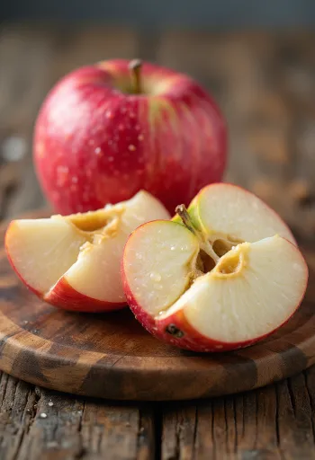 Những quả táo Idared đỏ rực và lát cắt trên nền gỗ