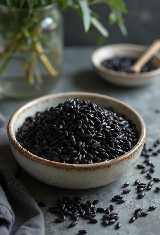 Gạo hoang (wild rice) nấu chín, hạt dài màu đen sẫm