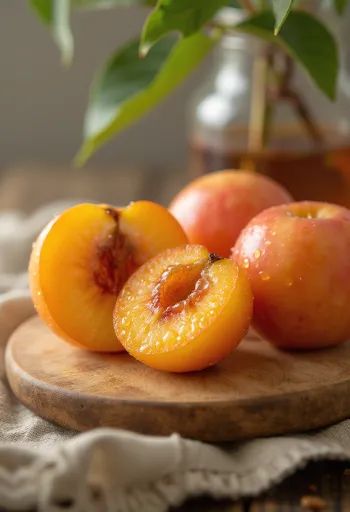 Quả mơ Nhật (Ume) tươi màu xanh vàng và lát cắt lộ thịt quả