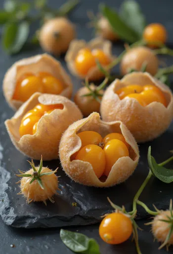 Quả tầm bóp Nam Mỹ (Physalis) chín vàng cam rực rỡ bên cạnh lớp vỏ bao như giấy