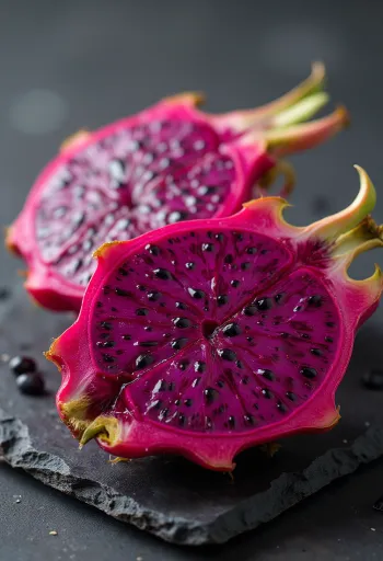 Thanh long ruột đỏ chín mọng, thịt quả màu đỏ tím rực rỡ với hạt đen