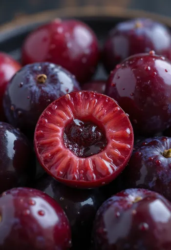 Lát mận đỏ (mận máu) lộ rõ phần thịt đỏ mọng nước