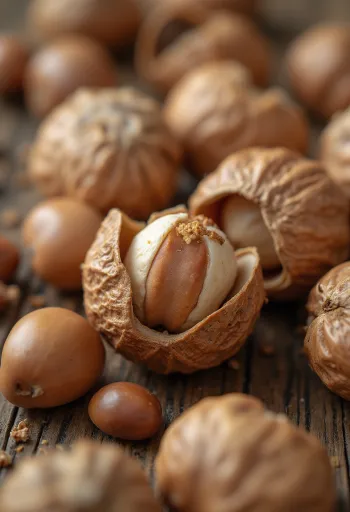 Hạt phỉ tách vỏ nguyên hạt và cắt đôi trong bát gỗ