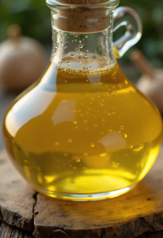 Chai dầu mù tạt vàng óng bên cạnh hạt mù tạt nâu và vàng