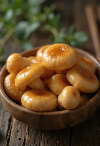 Nấm Nameko đã làm sạch với mũ nấm màu nâu cam bóng loáng trên thớt