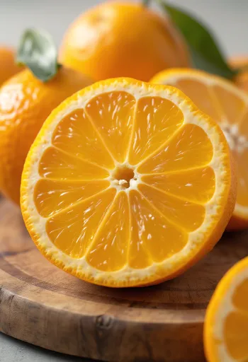 Cam tươi vàng mọng cắt đôi và ly nước cam ép trên bàn gỗ