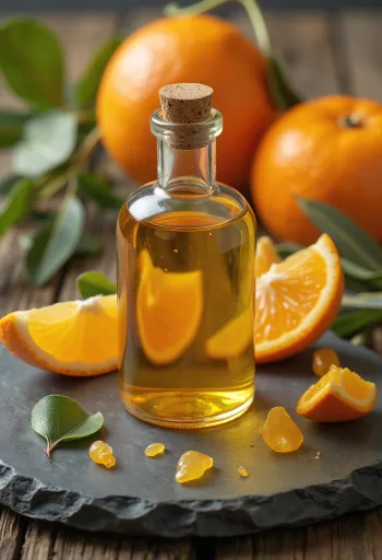 Chai tinh dầu cam nhỏ bên cạnh lát cam tươi và vỏ cam xoắn