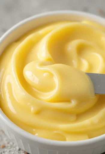 Bơ thực vật vàng óng trong bát thủy tinh và phết trên dao