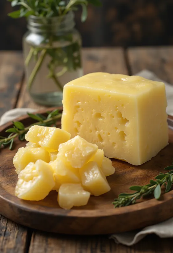 Mỡ bò thô trong bát thủy tinh nhỏ, xung quanh là các miếng mỡ cắt nhỏ