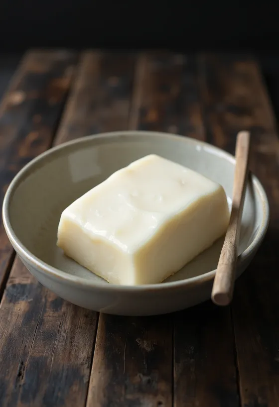 Mỡ heo thô trong bát, xung quanh là các miếng mỡ lá chưa chế biến