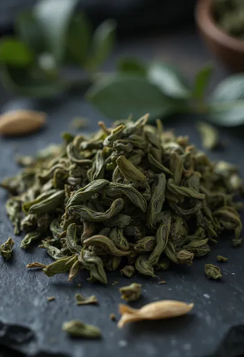 Lá trà Oolong vo viên khô trong bát và vương vãi trên bàn
