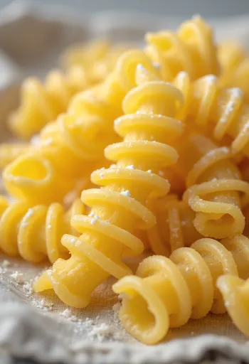 Nui xoắn Fusilli khô vàng ươm trên nền gỗ