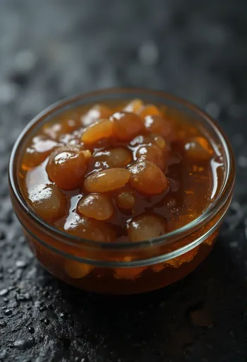 Bát dầu hào nâu bóng bên cạnh hàu tươi và gia vị