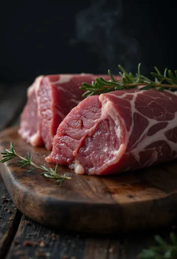 Thịt hoẵng tươi đỏ thẫm ướp cùng quả bách xù, hương thảo và tỏi trên thớt gỗ