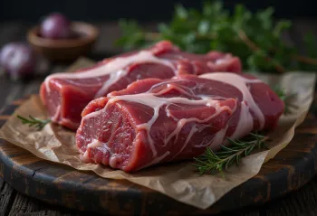 Thịt hoẵng tươi đỏ thẫm ướp cùng quả bách xù, hương thảo và tỏi trên thớt gỗ