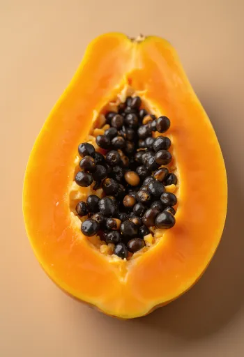 Đu đủ chín cắt lát lộ ruột cam đỏ và hạt đen trên nền gỗ