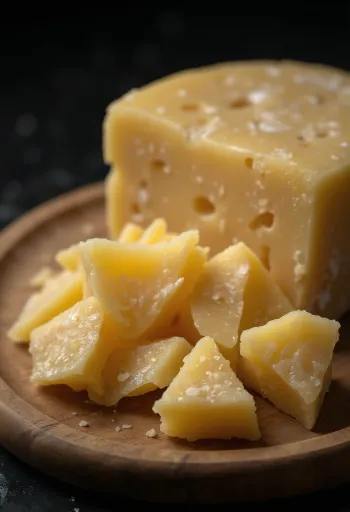 Phô mai Parmesan bào sợi và bẻ miếng trên thớt gỗ