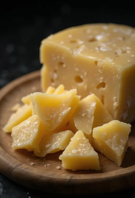 Phô mai Parmesan bào sợi và bẻ miếng trên thớt gỗ