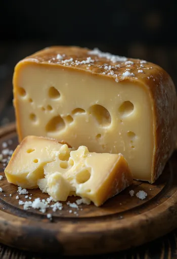 Phô mai Parmigiano Reggiano nguyên khối và bào vụn trong bát gốm