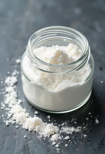 Bột pectin trắng mịn trong bát nhỏ cùng thìa gỗ, phông nền sáng, sạch sẽ