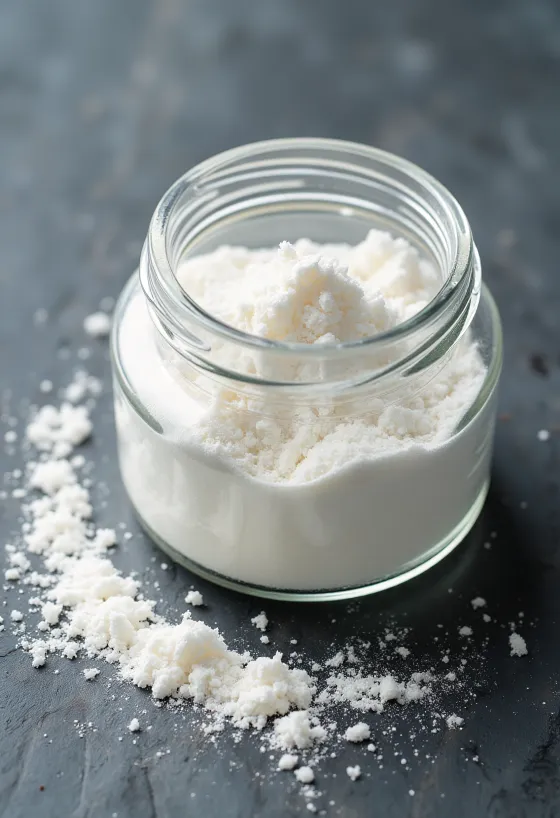 Bột pectin trắng mịn trong bát nhỏ cùng thìa gỗ, phông nền sáng, sạch sẽ