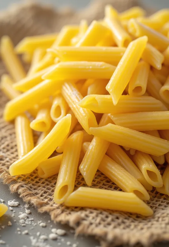 Nui Penne khô với bề mặt có gân sọc, nằm trên nền gỗ mộc mạc
