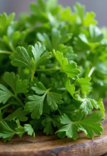 Ngò tây tươi (Parsley) băm nhỏ và để nguyên cành trên nền gỗ mộc
