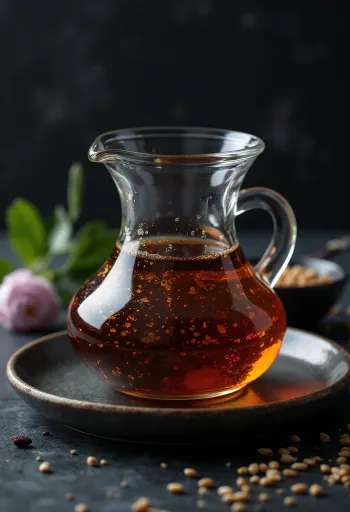 Chai dầu mè đen nguyên chất màu hổ phách bên cạnh bát hạt mè rang