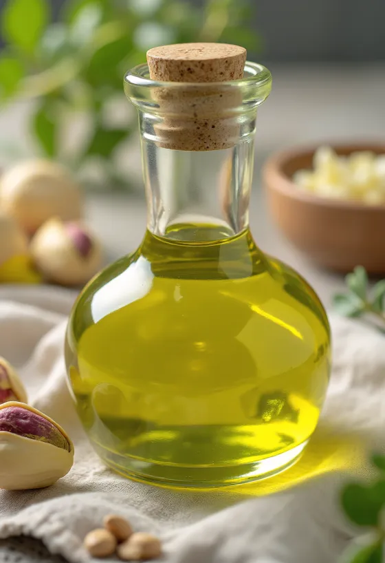 Chai dầu hạt dẻ cười nhỏ bên cạnh bát hạt dẻ cười đã tách vỏ