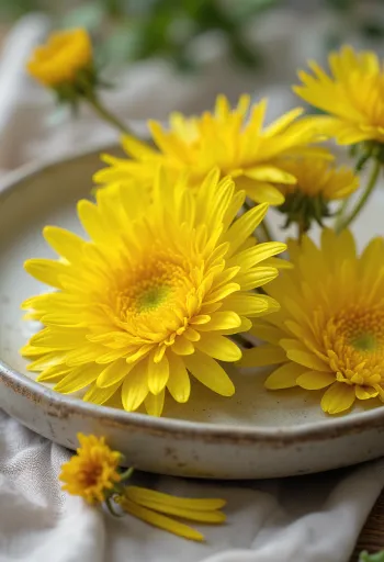 Cánh hoa bồ công anh vàng tươi trên đĩa trắng, đã tách đài xanh, ăn được