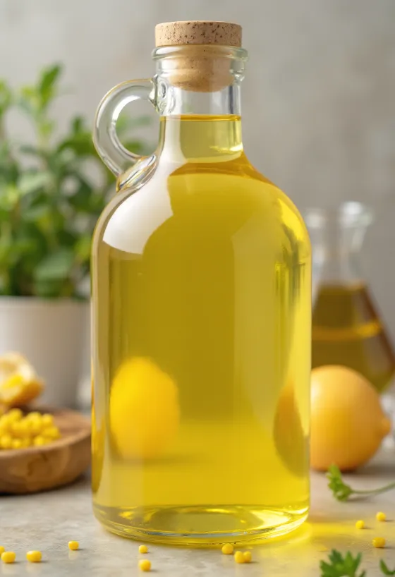 Chai dầu hạt cải vàng óng và bát nhỏ dầu nguyên chất