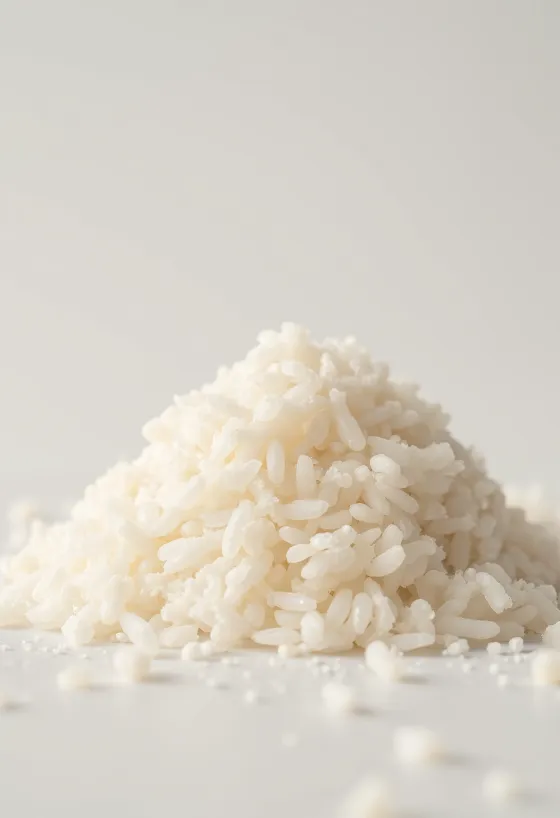 Bột gạo thô hạt trắng trong bát gốm và rải trên bàn gỗ