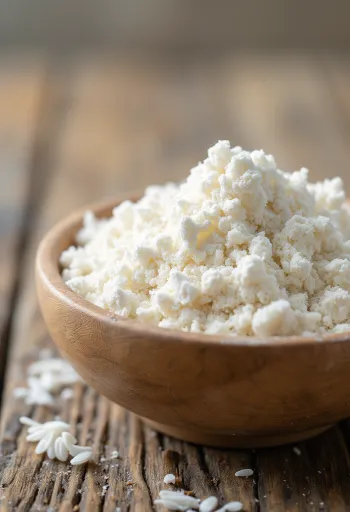 Bột gạo trắng mịn trong bát gốm và rải trên bàn gỗ