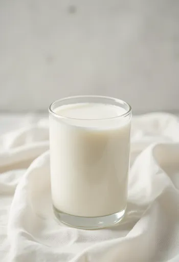 Ly sữa gạo trắng ngà đang được rót ra từ chai, bên cạnh là bát gạo trắng