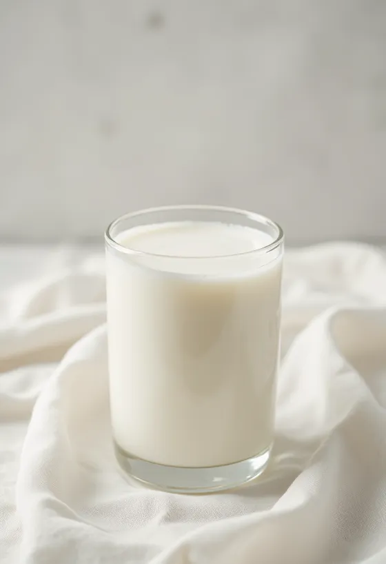 Ly sữa gạo trắng ngà đang được rót ra từ chai, bên cạnh là bát gạo trắng
