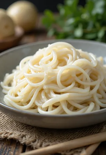 Bún gạo khô (phở khô) đựng trong bát gốm mộc trên nền gỗ