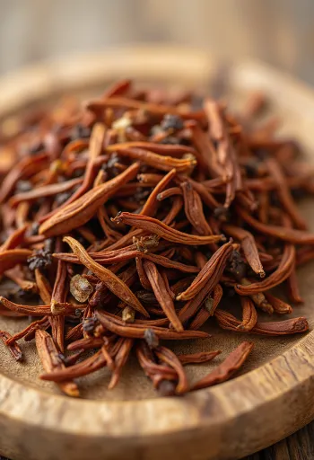 Lá trà Rooibos khô hình kim màu đỏ nâu trong bát và rải trên bàn